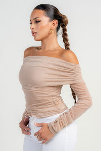 Taupe Long Sleeve The Shoulder Ruched Mesh Top
