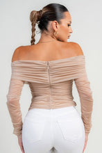Taupe Long Sleeve The Shoulder Ruched Mesh Top