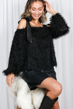 Black Satin Shoulder Strap Faux Feather Fur Top