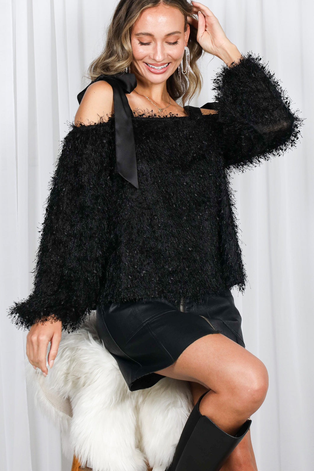 Black Satin Shoulder Strap Faux Feather Fur Top