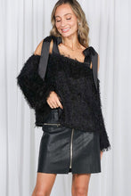 Black Satin Shoulder Strap Faux Feather Fur Top