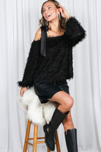 Black Satin Shoulder Strap Faux Feather Fur Top