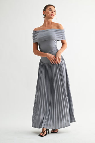 Slate Blue Soleil Pleated Maxi Dress
