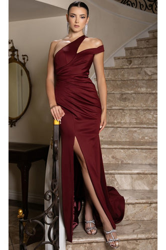 Burgundy Cut-out One Shoulder Satin Sheath Dress