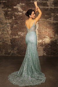 Sage Sleeveless V Neckline Glitter Print Sheath Dress