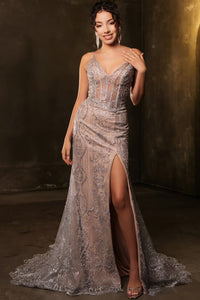 Silver/Nude Sleeveless V Neckline Glitter Print Sheath Dress