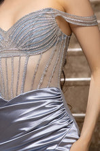 Dusty Blue Off Shoulder Rhinestone Stripe Satin Dress