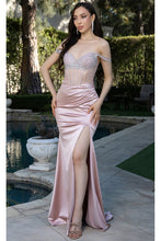 Rose Gold Off Shoulder Rhinestone Stripe Satin Dress
