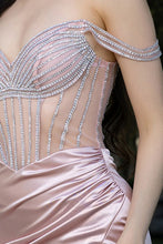 Rose Gold Off Shoulder Rhinestone Stripe Satin Dress