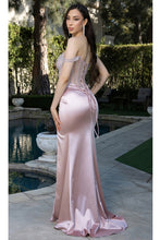 Rose Gold Off Shoulder Rhinestone Stripe Satin Dress