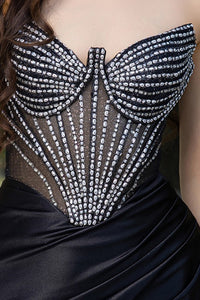 Black Sleeveless/strapless Jewel Detail Satin Dress