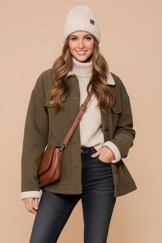 Olive Cozy Corduroy Oversized Jacket With Sherpa Detail