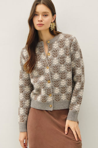 Heather Grey Vintage Floral Jacquard Sweater Cardigan