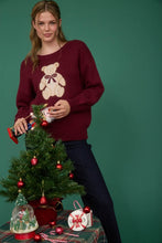 Burgundy Teddy Jacquard Crew Neck Knit Pullover Sweater
