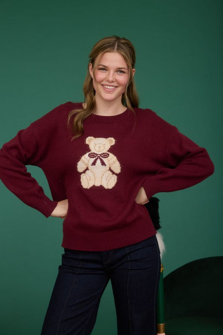 Burgundy Teddy Jacquard Crew Neck Knit Pullover Sweater