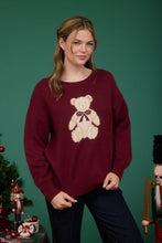 Burgundy Teddy Jacquard Crew Neck Knit Pullover Sweater