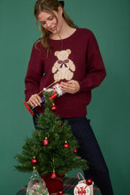 Burgundy Teddy Jacquard Crew Neck Knit Pullover Sweater