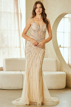 Champagne Sleeveless Plunging Neckline Embellished Fitted Dress