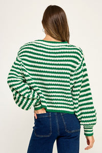 Off White/Kel Green Striped Oversized Chunky Comfy Sweater Top