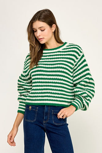 Off White/Kel Green Striped Oversized Chunky Comfy Sweater Top