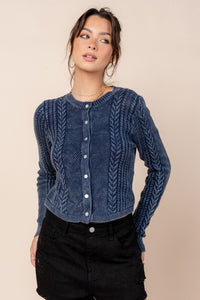 Navy Washed Effect Cabled Sweater Cardigan