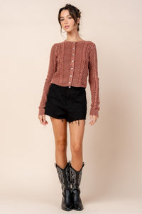 Rust Washed Effect Cabled Sweater Cardigan