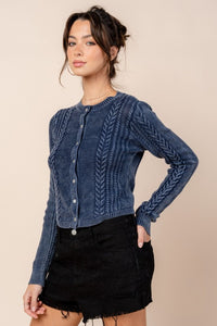 Navy Washed Effect Cabled Sweater Cardigan