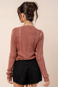 Rust Washed Effect Cabled Sweater Cardigan