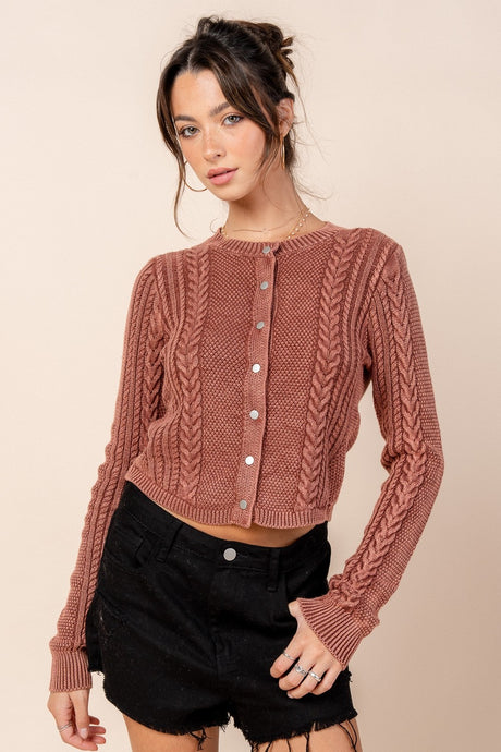 Rust Washed Effect Cabled Sweater Cardigan