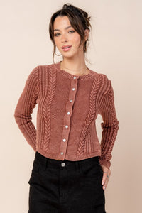 Rust Washed Effect Cabled Sweater Cardigan
