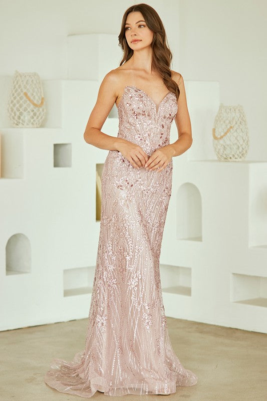 Dusty Rose Strapless Sweetheart Embellished Fit And Flare Dress