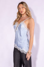 Light Blue Lace Trim Detailed Asymmetric Hem Cami Satin Top