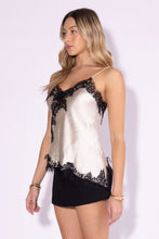 Champagne/Black Lace Trim Detailed Asymmetric Hem Cami Satin Top