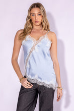 Light Blue Lace Trim Detailed Asymmetric Hem Cami Satin Top