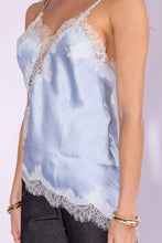 Light Blue Lace Trim Detailed Asymmetric Hem Cami Satin Top