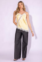 Butter Yellow Lace Trim Detailed Asymmetric Hem Cami Satin Top