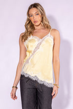 Butter Yellow Lace Trim Detailed Asymmetric Hem Cami Satin Top