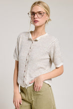 Taupe Striped Short Sleeve Button Cardigan