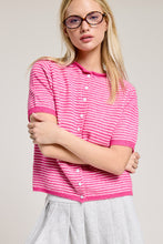 Hot Pink Striped Short Sleeve Button Cardigan