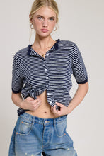 Navy Striped Short Sleeve Button Cardigan
