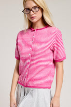 Hot Pink Striped Short Sleeve Button Cardigan