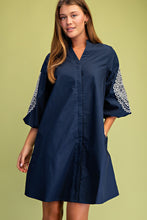 Navy Embroidered 3/4 Length Balloon Sleeve Dress