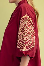 Wine Embroidered 3/4 Length Balloon Sleeve Dress