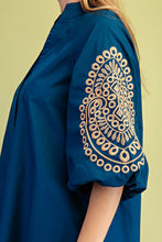 Peacock Embroidered 3/4 Length Balloon Sleeve Dress