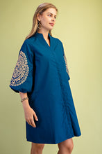 Peacock Embroidered 3/4 Length Balloon Sleeve Dress