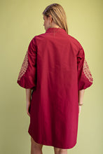 Wine Embroidered 3/4 Length Balloon Sleeve Dress