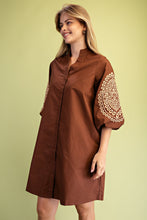 Brown Embroidered 3/4 Length Balloon Sleeve Dress