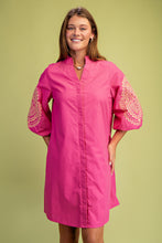 Fuchsia Embroidered 3/4 Length Balloon Sleeve Dress