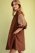 Brown Embroidered 3/4 Length Balloon Sleeve Dress