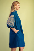 Peacock Embroidered 3/4 Length Balloon Sleeve Dress